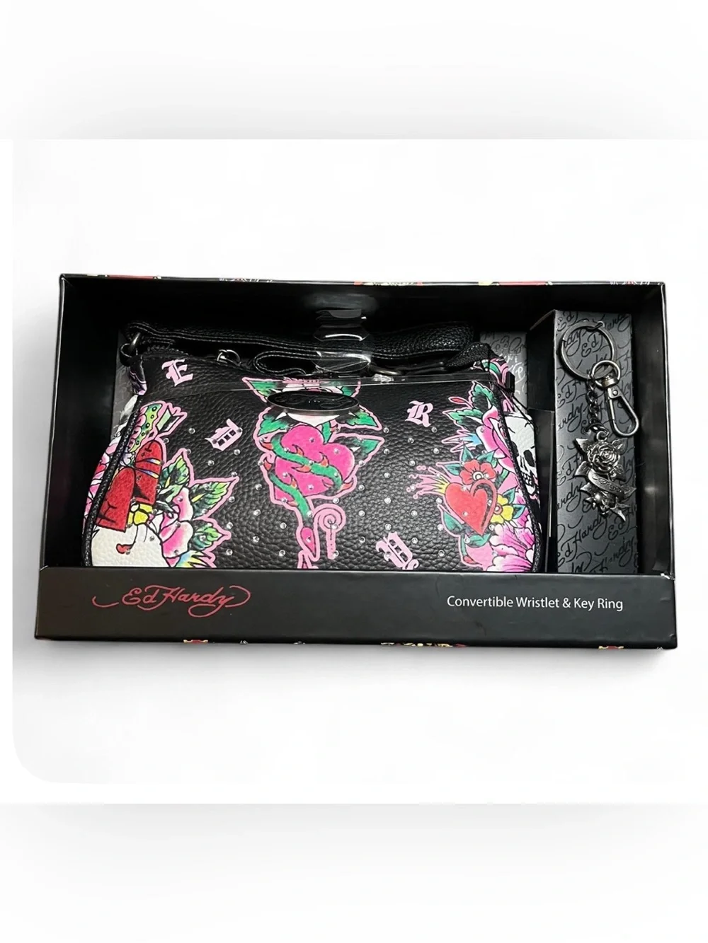 Ed Hardy Black Wristlet and keychain with Pink & Green Tattoo Floral Print